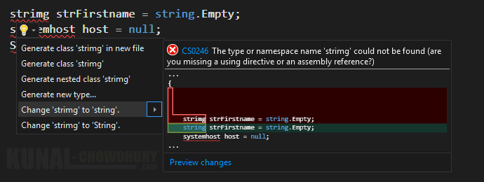 1. Visual Studio 2015 light bulb to correct spelling mistakes of type (www.kunal-chowdhury.com)