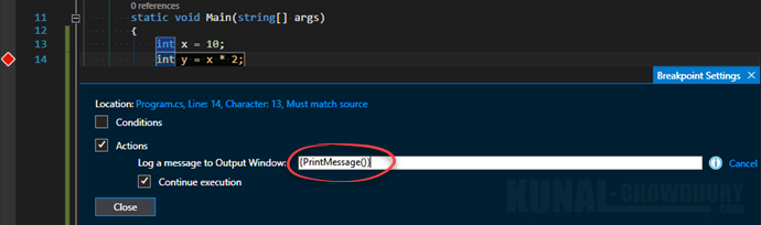 4. Call a method when a breakpoint hits in Visual Studio 2015 (www.kunal-chowdhury.com)