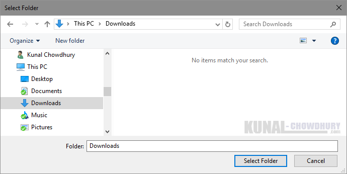 4. Select the default downloads folder of Microsoft Edge on Windows 10 (www.kunal-chowdhury.com)