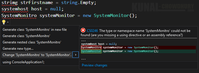 4. Visual Studio 2015 light bulb to correct spelling mistakes of type (www.kunal-chowdhury.com)