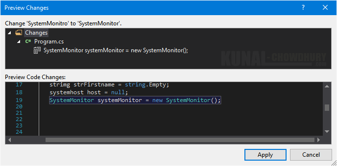 5. Visual Studio 2015 light bulb to correct spelling mistakes of type (www.kunal-chowdhury.com)