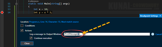 6. Passing a parameter to method when breakpoint hits in Visual Studio 2015 (www.kunal-chowdhury.com)