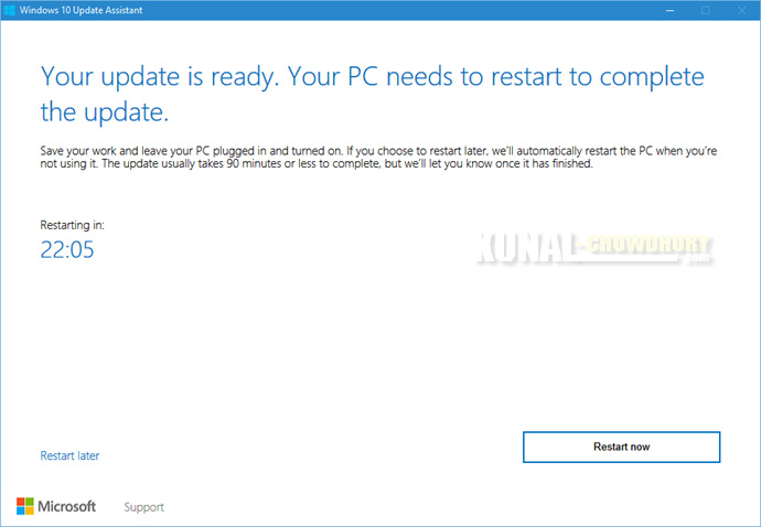 6. Your update is ready - Your PC needs to restart to complete the update (www.kunal-chowdhury.com)