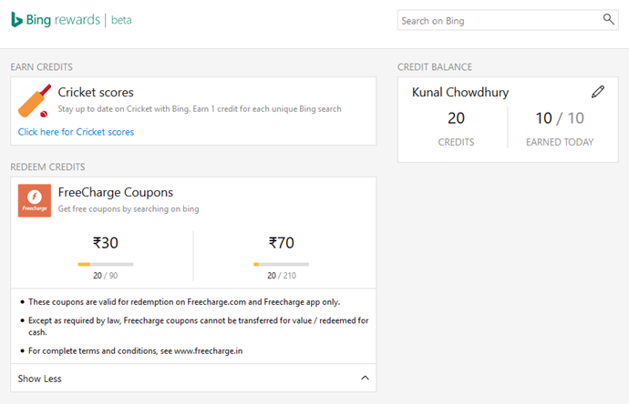 Bing Rewards now available in India, FreeCharge coupons as redeemable gifts (www.kunal-chowdhury.com)