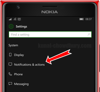 Click on Notifications and actions to configure the Quick Action buttons (www.kunal-chowdhury.com)