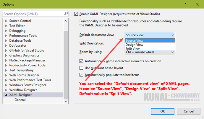 How to change the default document view of XAML files in Visual Studio 2015 (www.kunal-chowdhury.com)