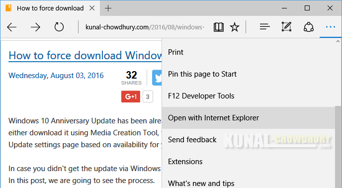 How to open a web page from Microsoft Edge with Internet Explorer (www.kunal-chowdhury.com)