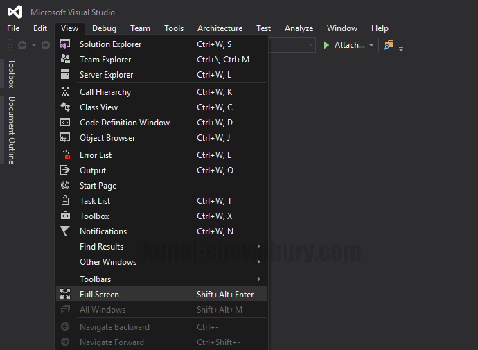 How to switch between fullscreen IDE mode in Visual Studio 2015 IDE (www.kunal-chowdhury.com)