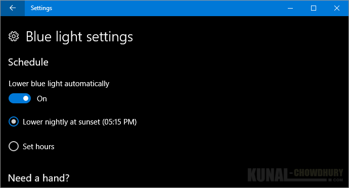 Lower blue light automatically at sunset on Windows 10 Creators Update (www.kunal-chowdhury.com)