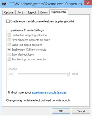 Navigate to the Experimental tab of Windows 10 Console Properties (www.kunal-chowdhury.com)