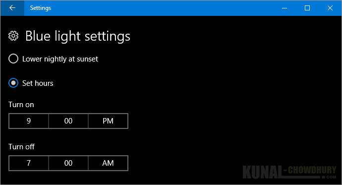 Schedule time to turn ON or OFF the blue light on Windows 10 Creators Update (www.kunal-chowdhury.com)