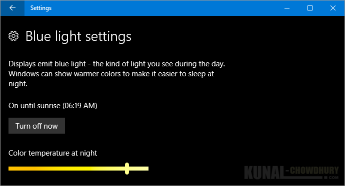 Turn ON or OFF blue light settings in Windows 10 Creators Update (www.kunal-chowdhury.com)