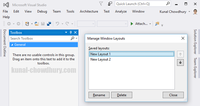 Visual Studio 2015 Tips & Tricks - How to manage a Visual Studio layout (www.kunal-chowdhury.com)