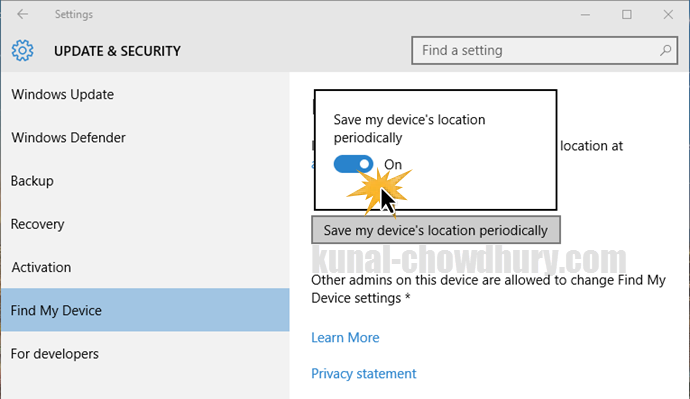 Windows 10 - Settings - Update and Security - Find my Device (www.kunal-chowdhury.com)