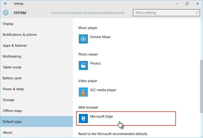 Windows 10 - Settings Page - Default apps - Select default browser (www.kunal-chowdhury.com)