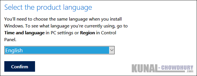 Windows 10 ISO Image Download - Confirm Selected Product Language (www.kunal-chowdhury.com)