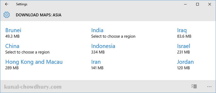 Windows 10 Offline Maps - Select the country that you want to download (www.kunal-chowdhury.com)