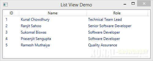 WPF ListView-GridView control - Column Header aligned Center by default (www.kunal-chowdhury.com)