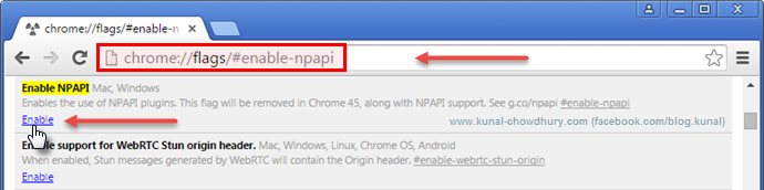 Open Chrome's Flags settings to enable NPAPI (www.kunal-chowdhury.com)