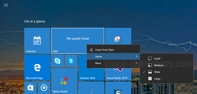 1. Windows 10 Start Menu Context Menu - Resize Tile (www.kunal-chowdhury.com)