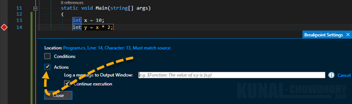 2. Create custom action for breakpoint in Visual Studio 2015 (www.kunal-chowdhury.com)