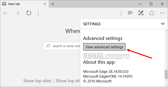 2. Open Advanced Settings of Microsoft Edge on Windows 10 (www.kunal-chowdhury.com)