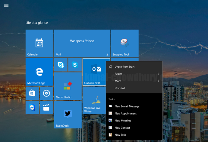 4. Windows 10 Start Menu Context Menu - App specific Tasks (www.kunal-chowdhury.com)