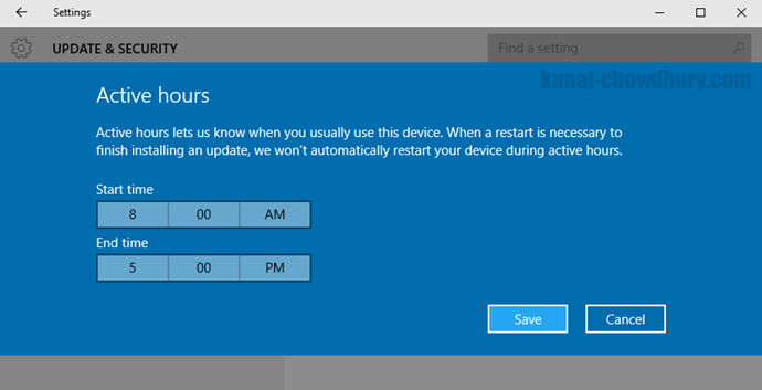 Active Hours in Windows 10 Update Settings (www.kunal-chowdhury.com)