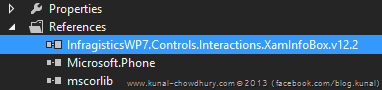 Adding the Infragistics XamInfoBox control library reference to the project