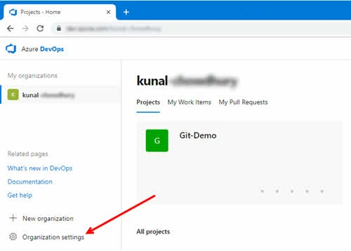 Click the 'Organization settings' link on the VSTS or Azure DevOps home