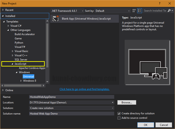 Create a new JavaScript project template for UWP app (www.kunal-chowdhury.com)