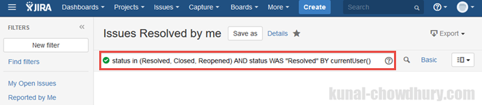 Custom filter in JIRA dashboard - Issues resolved by me (www.kunal-chowdhury.com)