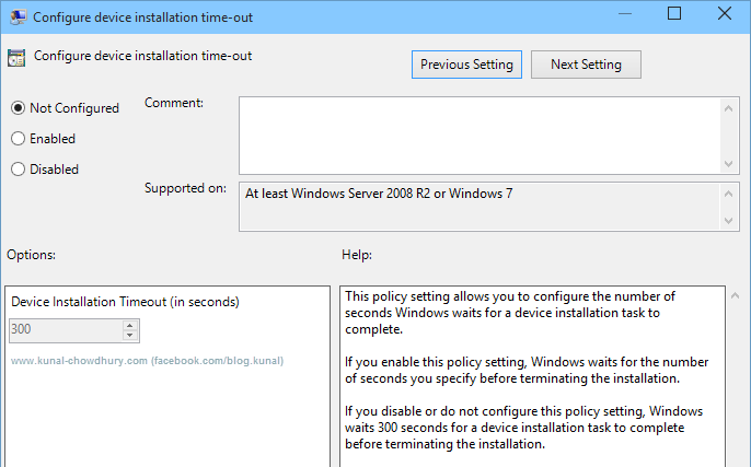 Default value of Device Installation Timeout (www.kunal-chowdhury.com)