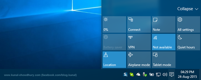 Expanded Quick Actions in Windows 10 Notification Panel (www.kunal-chowdhury.com)