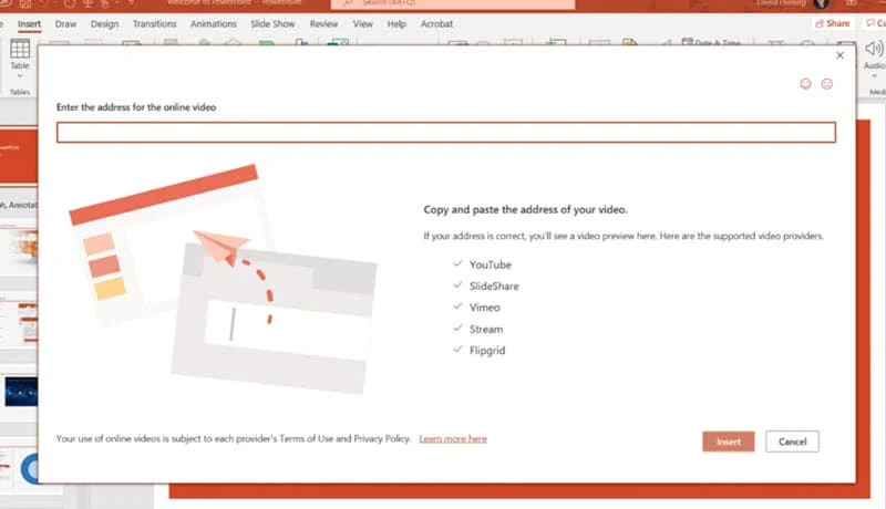 Screenshot showing how to insert a Flipgrid video into a PowerPoint presentation