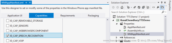 How to enable the ID_CAP_SPEECH_RECOGNITION capability in your WP8 app
