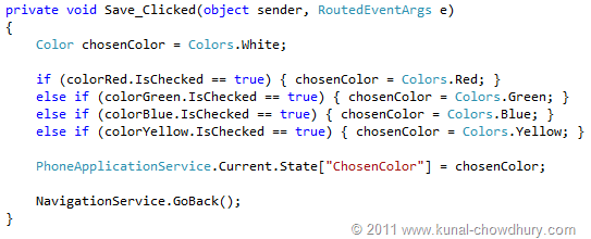 Saving Value Code Snippet (WP7 Application State Management Demo)