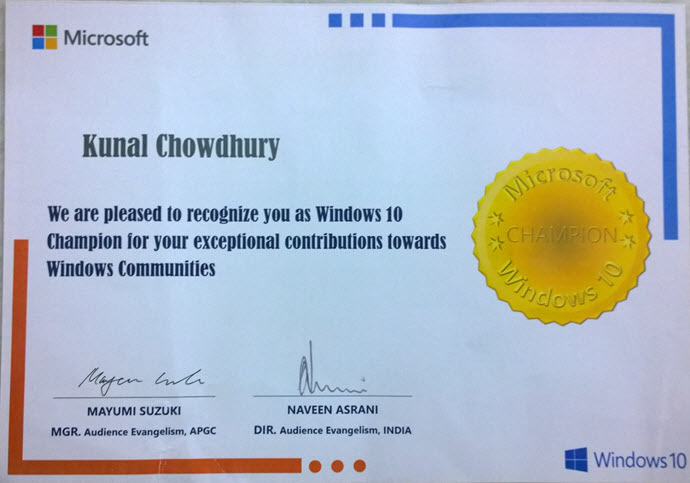 Microsoft Windows 10 Champion - Kunal Chowdhury (www.kunal-chowdhury.com)