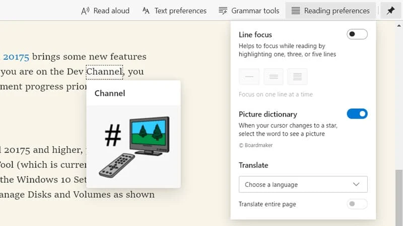 How to enable Picture Dictionary for Immersive Reader in Microsoft Edge on Windows 10?