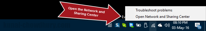Open network and sharing center from the Taskbar (www.kunal-chowdhury.com)