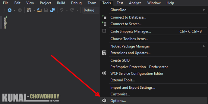 Open Visual Studio Options from the Tools menu (www.kunal-chowdhury.com)