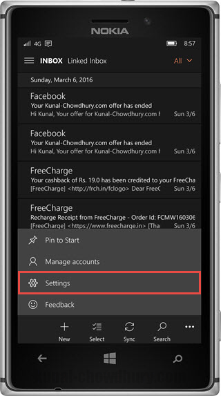 Outlook mail for Windows 10 Mobile - Open the settings(www.kunal-chowdhury.com)