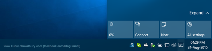 Quick Actions in Windows 10 Notification Panel (www.kunal-chowdhury.com)