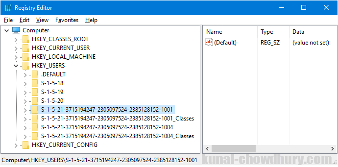 Registry Path to retrieve users SID (www.kunal-chowdhury.com)