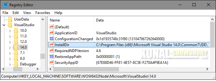 Registry Path to retrieve Visual Studio installation directory (www.kunal-chowdhury.com)