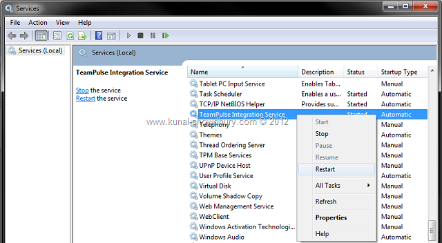 Restart the TeamPulse Integration Service