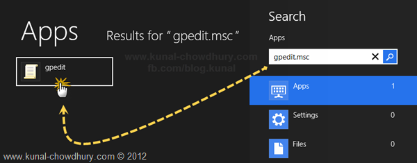 Search and Open Group Policy Editor from Windows 8 Start Screen