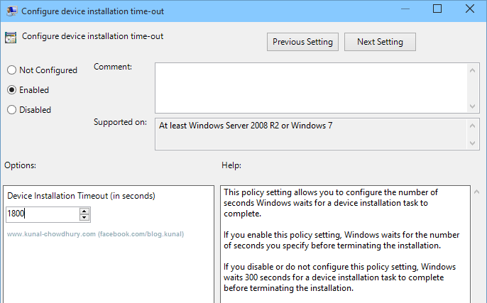 Set the Device Installation Timeout to 1800 (www.kunal-chowdhury.com)