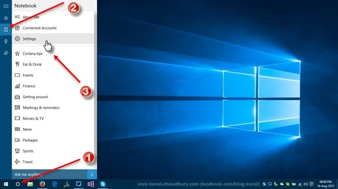 Step 1 - Open Cortana Settings (www.kunal-chowdhury.com)