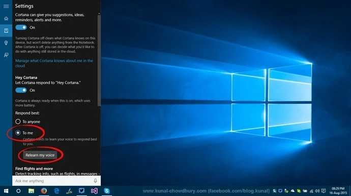 Step 7 - Cortana settings after learning your voice (www.kunal-chowdhury.com)